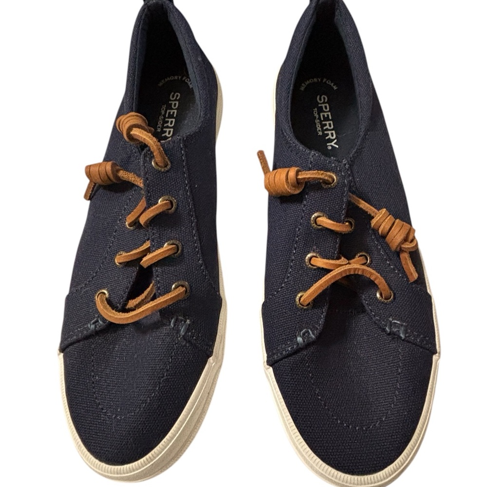 Sperry Navy Canvas Boat Shoes with Tan Leather Laces